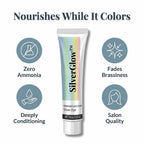 A silver hair care product bottle labeled SilverGlow™ Ammonia-Free 2-in-1 Silver Hair Formula by Arenzza, with a silver and blue design.