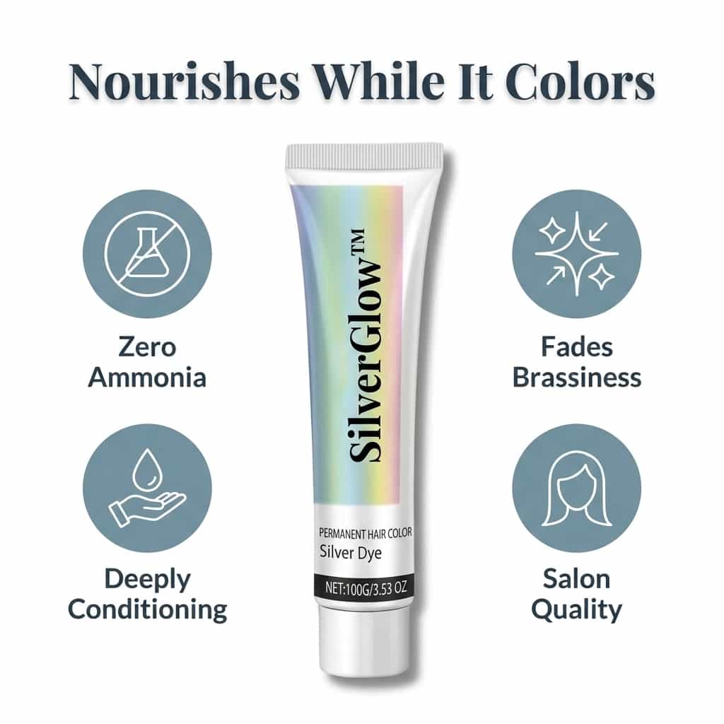A silver hair care product bottle labeled SilverGlow™ Ammonia-Free 2-in-1 Silver Hair Formula by Arenzza, with a silver and blue design.