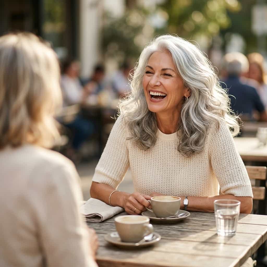 A woman with silver hair applying SilverGlow™ Ammonia-Free 2-in-1 Silver Hair Formula by Arenzza, in a natural lifestyle setting.