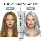 Before and after split image showing SilverGlow™ Arenzza ammonia-free 2-in-1 silver hair formula results on gray hair.