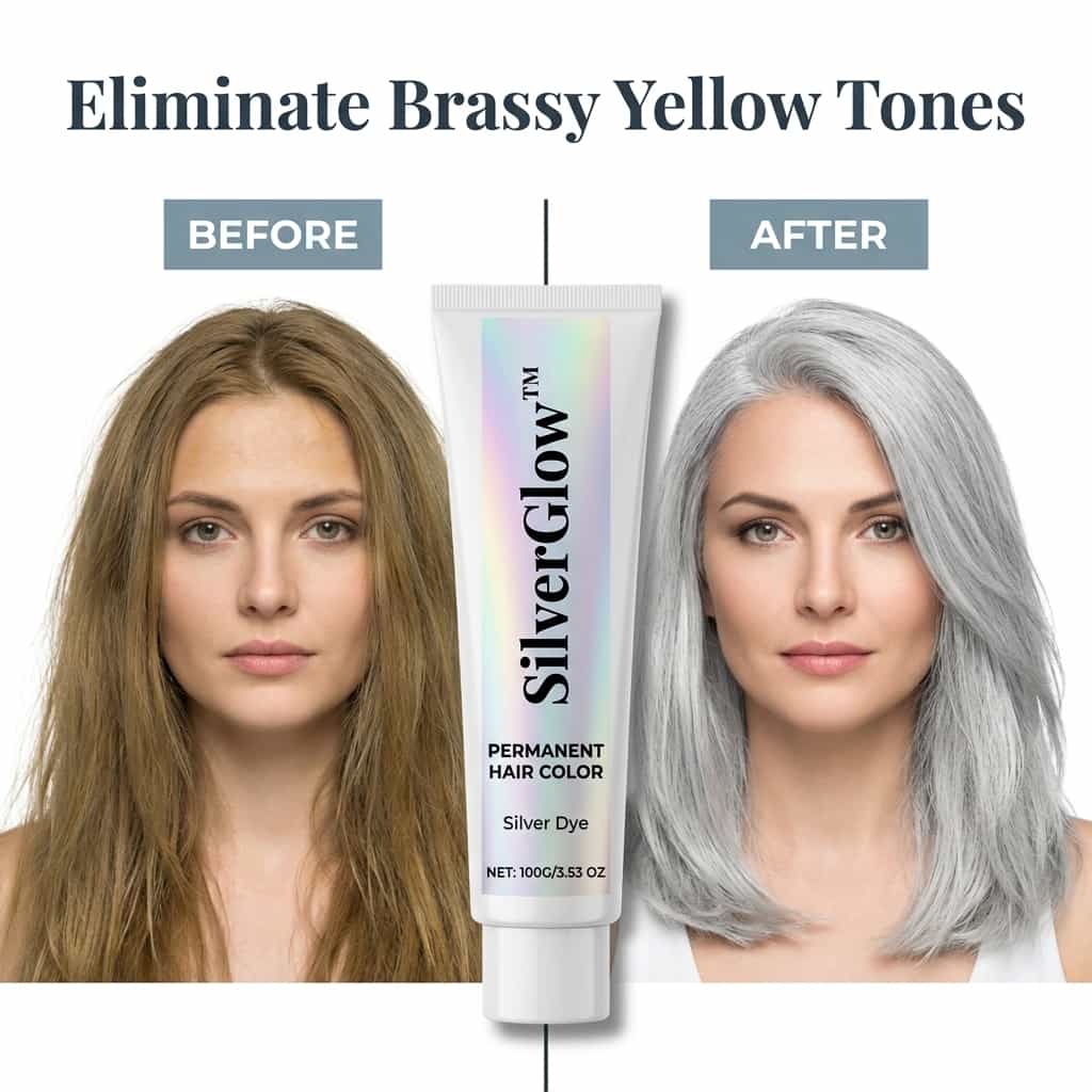 Before and after split image showing SilverGlow™ Arenzza ammonia-free 2-in-1 silver hair formula results on gray hair.