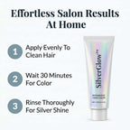 A step-by-step guide image showing the SilverGlow™ Arenzza ammonia-free 2-in-1 silver hair formula application process.