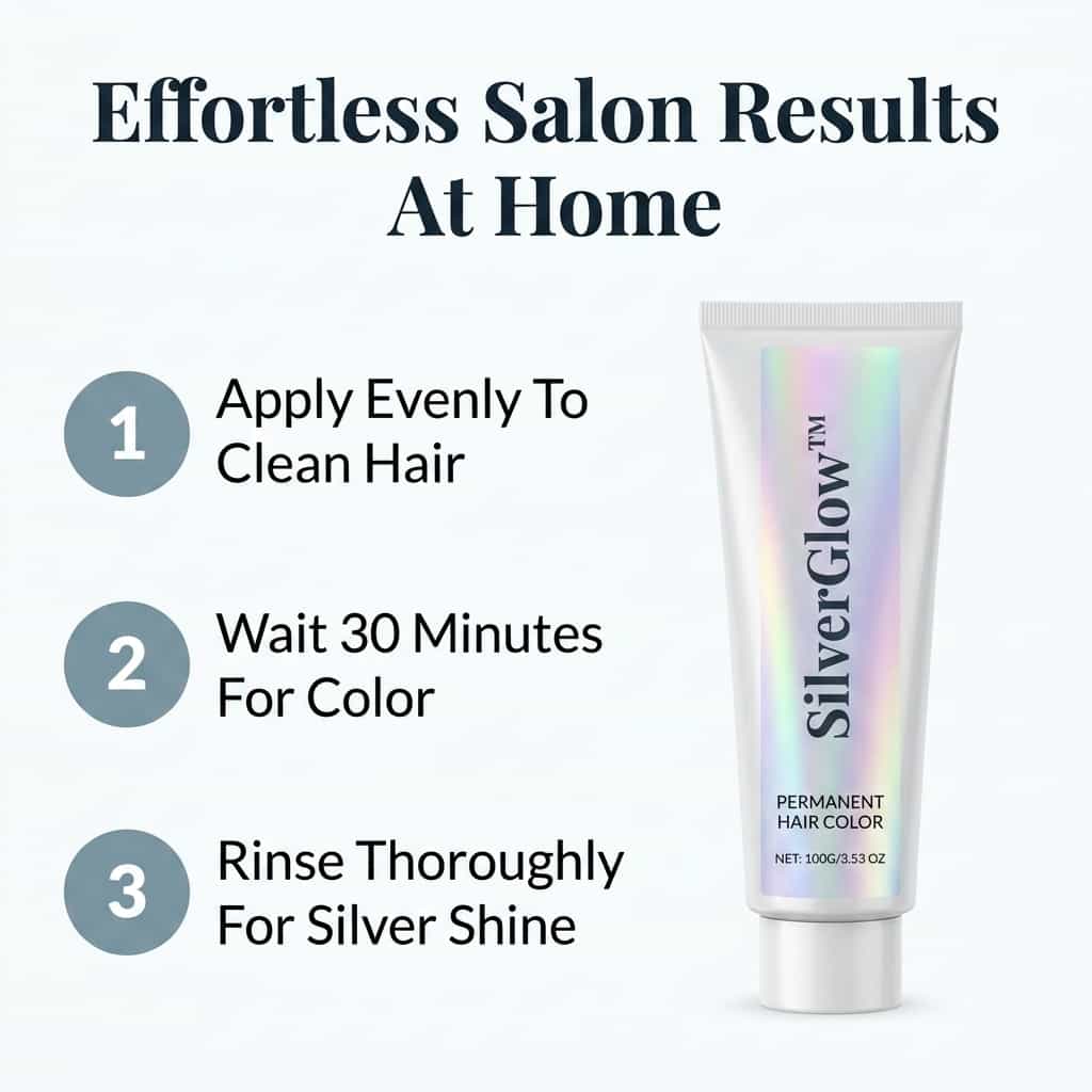 A step-by-step guide image showing the SilverGlow™ Arenzza ammonia-free 2-in-1 silver hair formula application process.