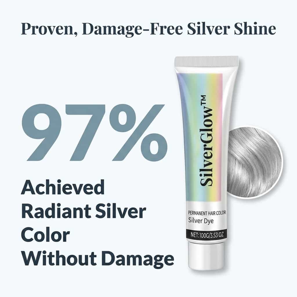 A silver-haired woman with shiny, vibrant hair, showcasing the SilverGlow™ Ammonia-Free 2-in-1 Silver Hair Formula by Arenzza.