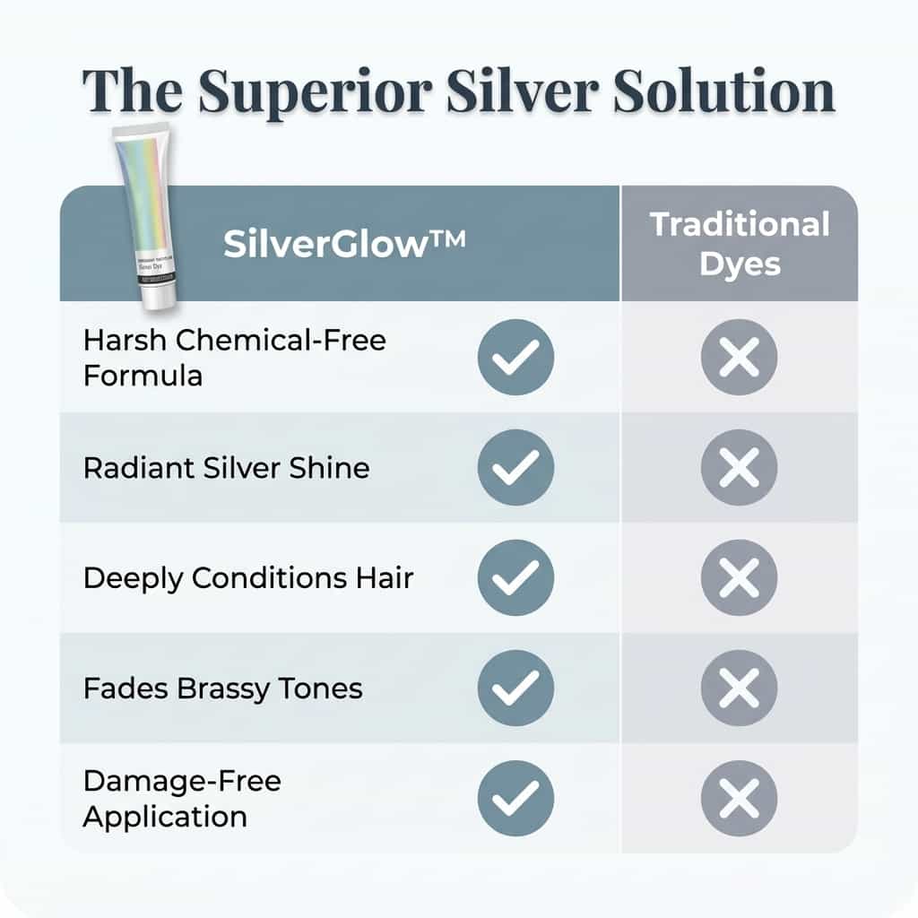 Comparison table showing SilverGlow™ Arenzza ammonia-free 2-in-1 silver hair formula benefits and features.