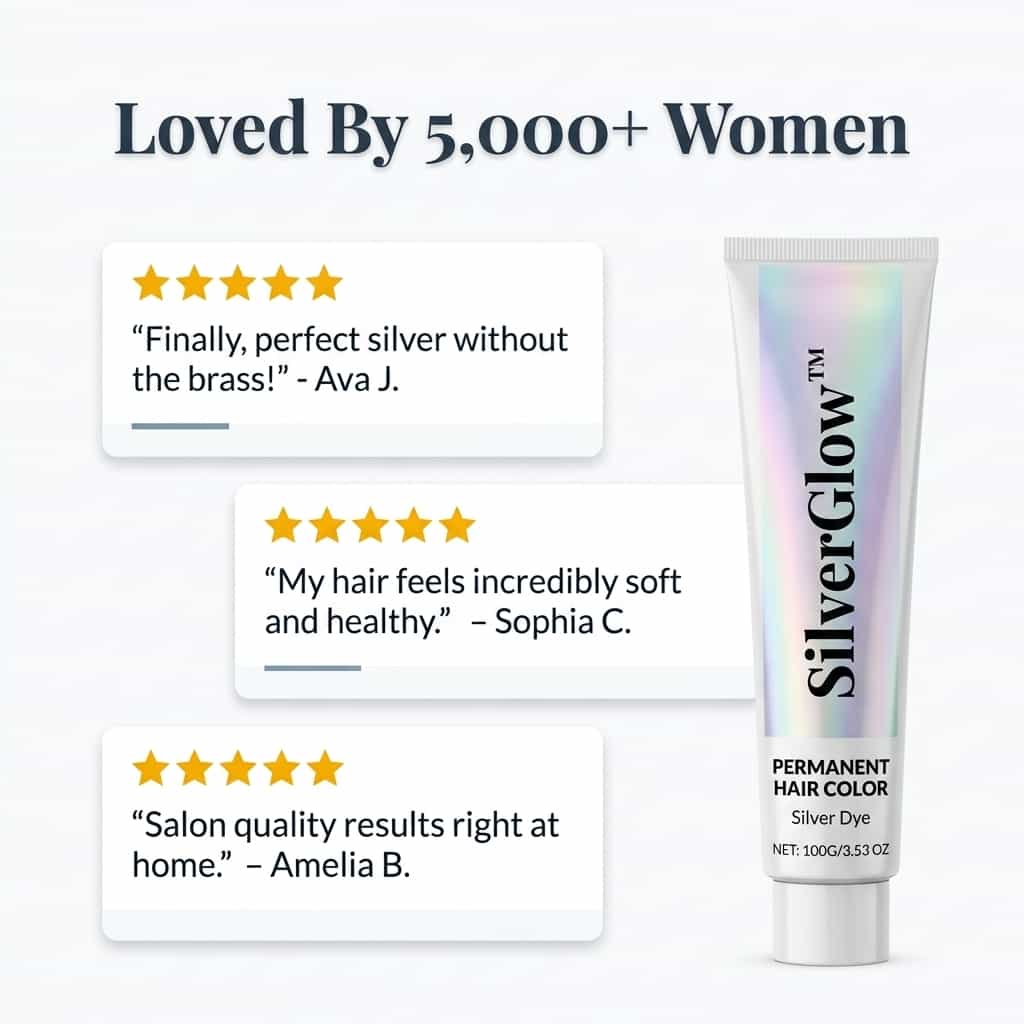SilverGlow™ Ammonia-Free 2-in-1 silver hair formula by Arenzza, shown in a sleek silver bottle on a social-proof wall display.