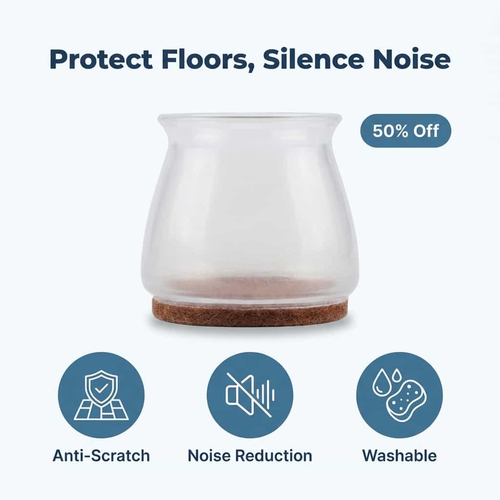 Arenzza SlideSafe™ protective pads for furniture legs to prevent scratches and reduce noise on hardwood floors.