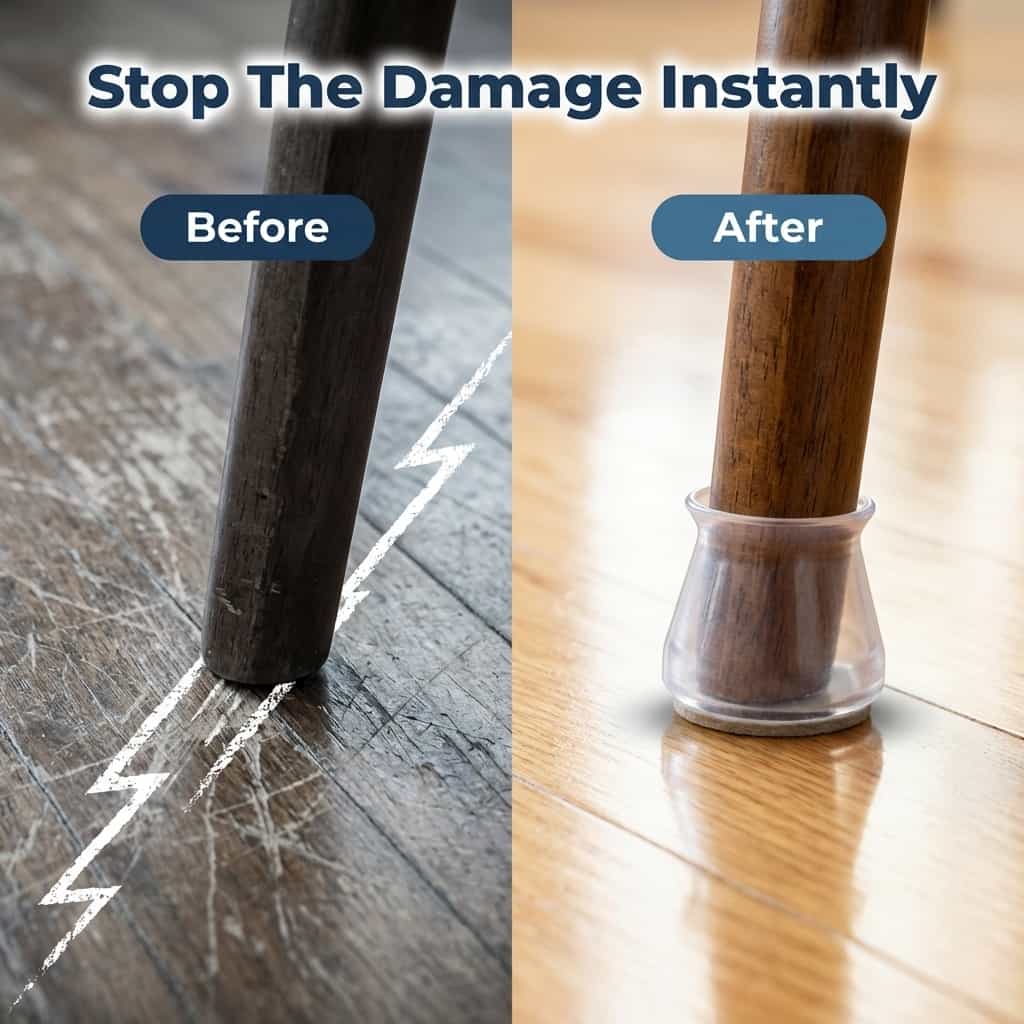 A split image showing before and after using SlideSafe™ by Arenzza, protecting floors from scratches and reducing furniture noise.