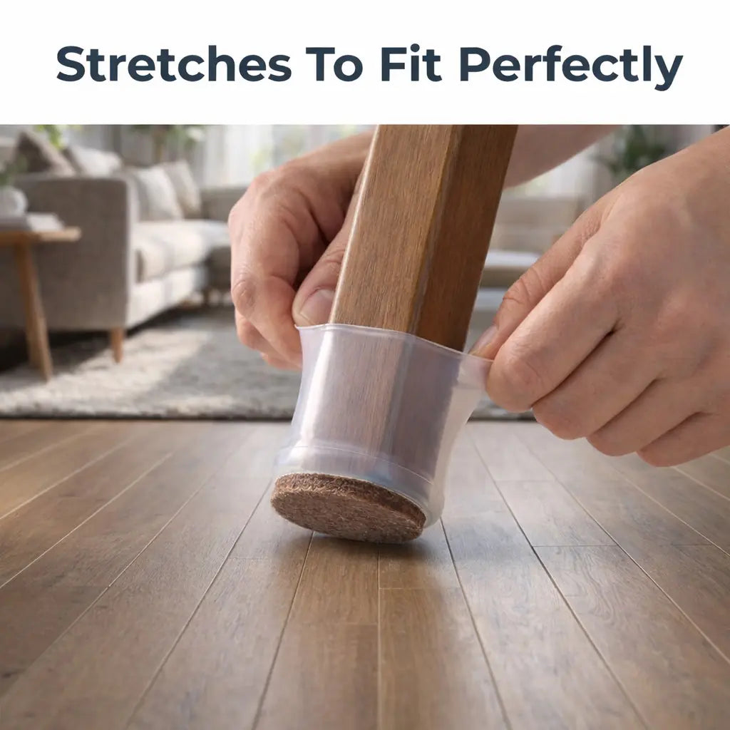 Arenzza SlideSafe™ furniture pads preventing scratches and noise, showing clear rubber pads on furniture feet for home protection.