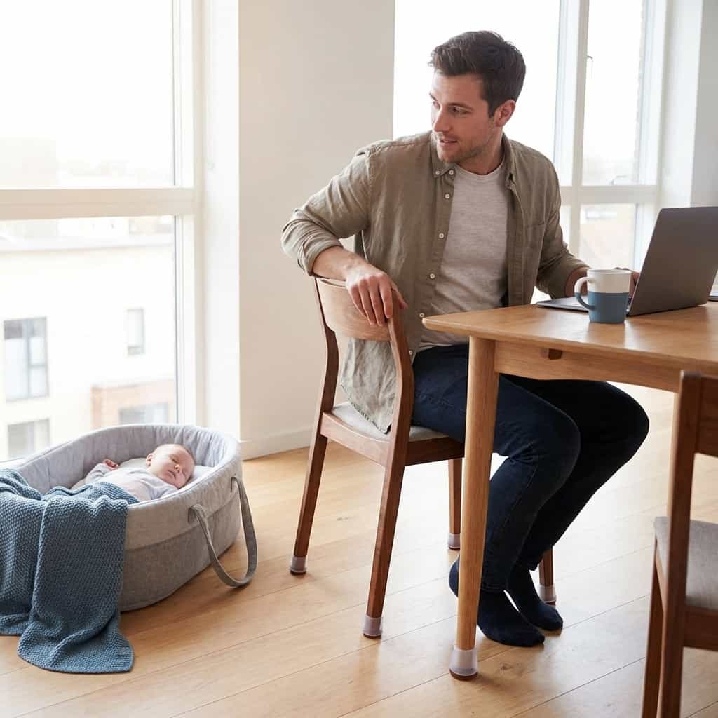 A person placing SlideSafe™ furniture pads from Arenzza under a chair leg to prevent scratches and reduce noise on a wooden floor.