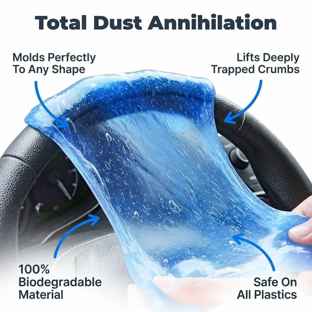 Arenzza SlimeSweep™ deep cleaning gel for hard-to-reach crevices, with callouts highlighting six key benefits.