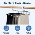 Arenzza SmartCloset™ space-saving 5-tier pants organizer with black fabric shelves and metal frame, ideal for closet storage.