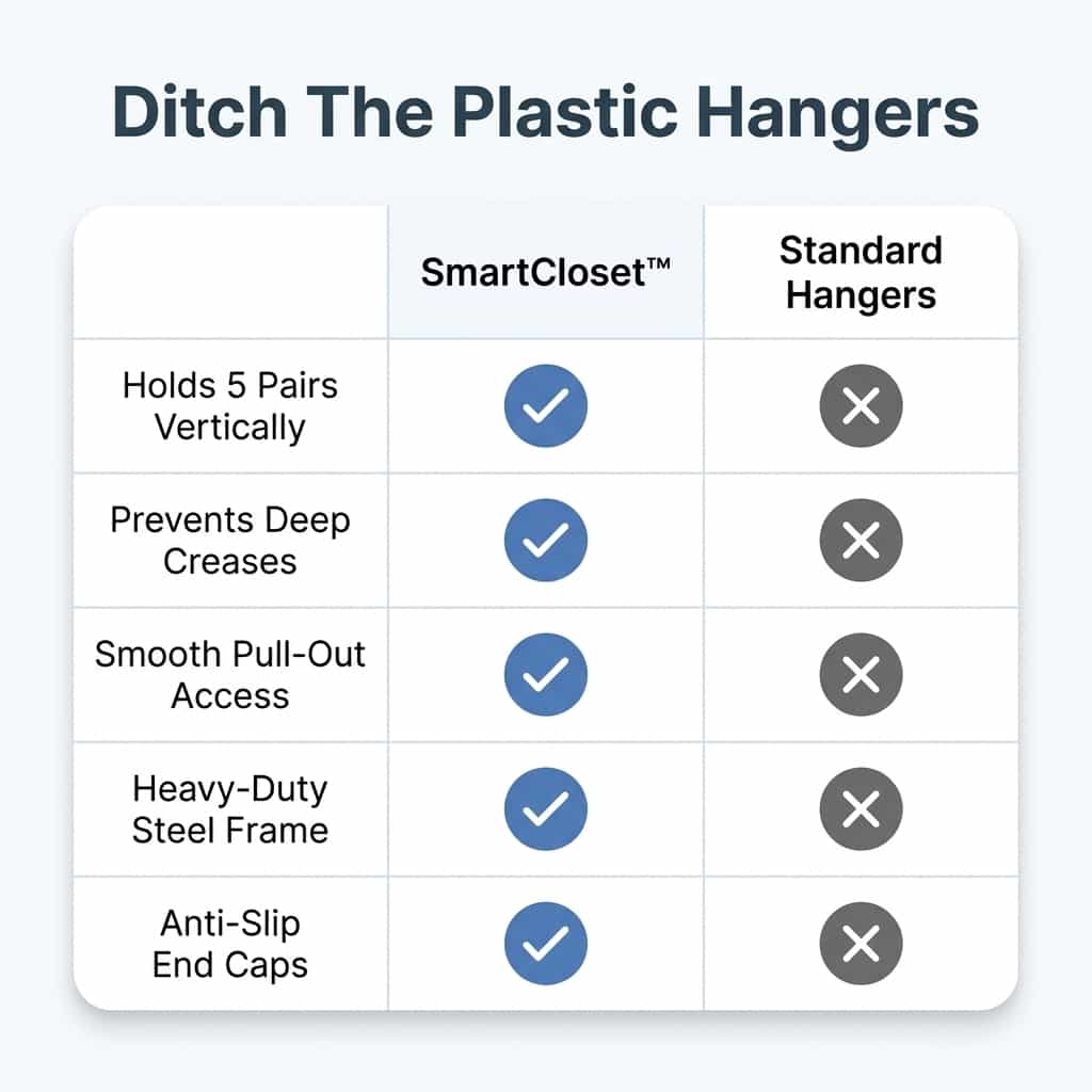 Aarenza SmartCloset™ space-saving 5-tier pants organizer with three comparison tables showing different storage options and setup.