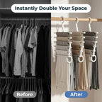 Arenzza SmartCloset™ space-saving 5-tier pants organizer shown in before and after views with neatly stored pants.