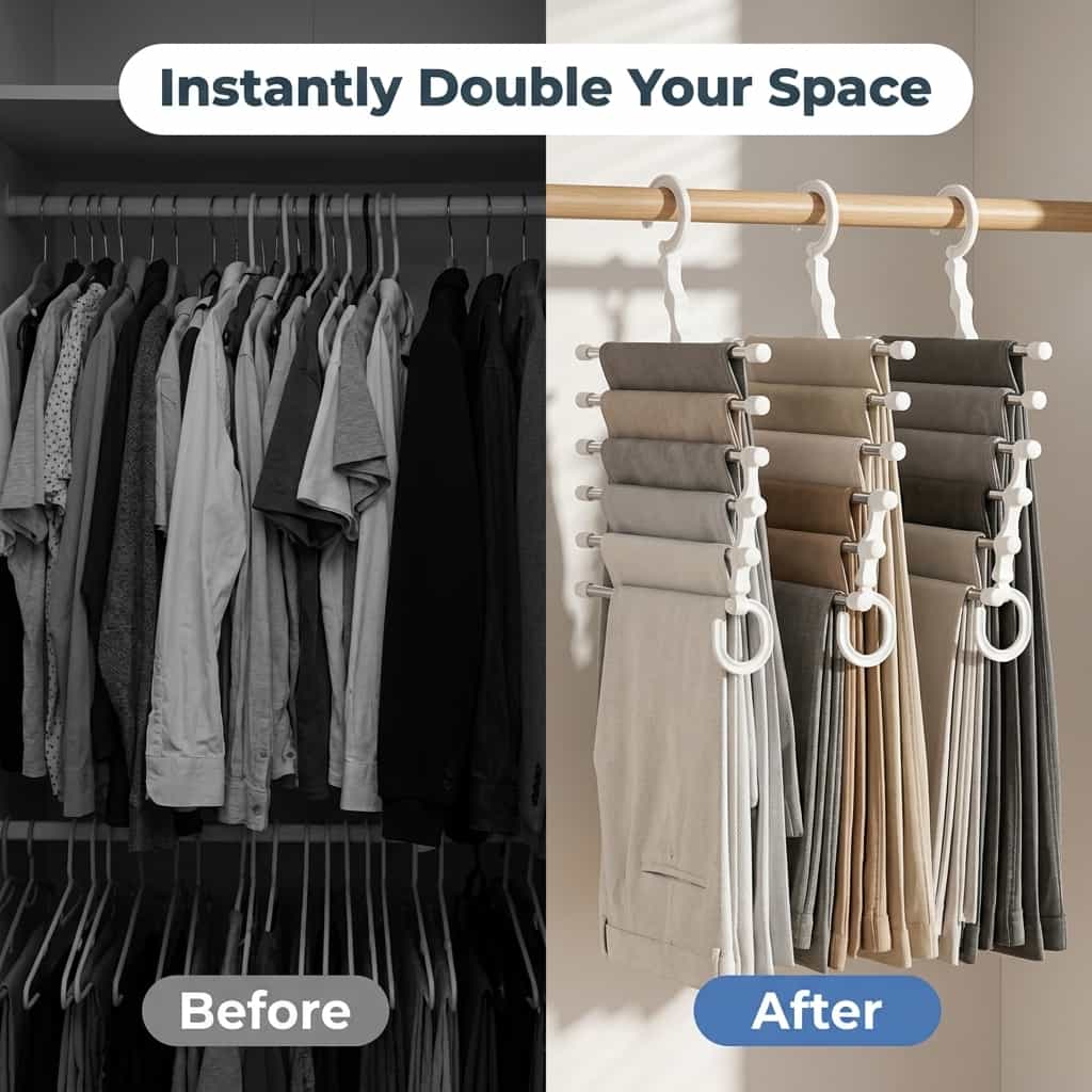 Arenzza SmartCloset™ space-saving 5-tier pants organizer shown in before and after views with neatly stored pants.