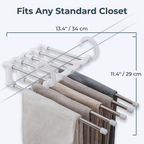 Aarenza SmartCloset™ 5-tier pants organizer with a 9-dimension size diagram illustrating space-saving storage for closet organization.