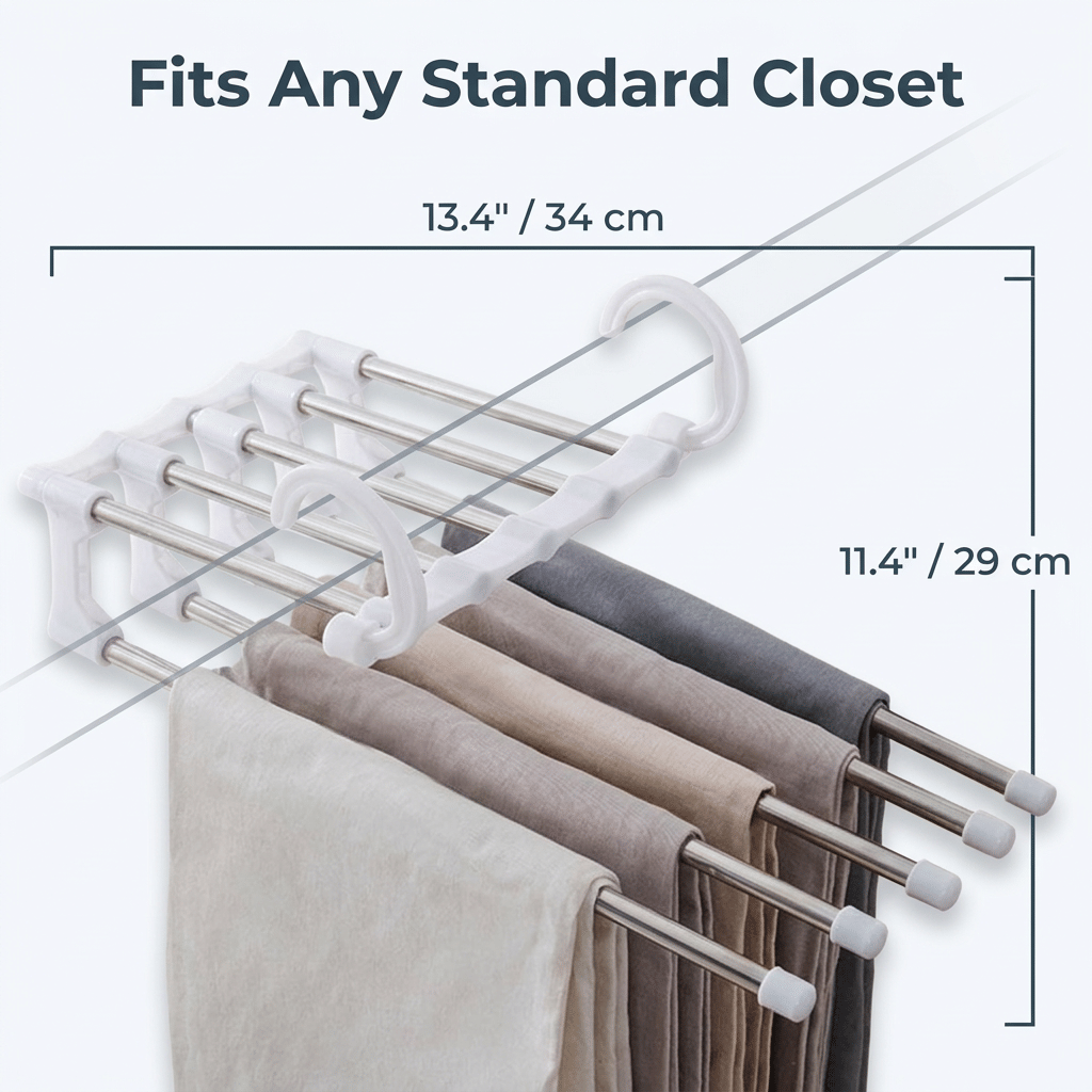 Aarenza SmartCloset™ 5-tier pants organizer with a 9-dimension size diagram illustrating space-saving storage for closet organization.