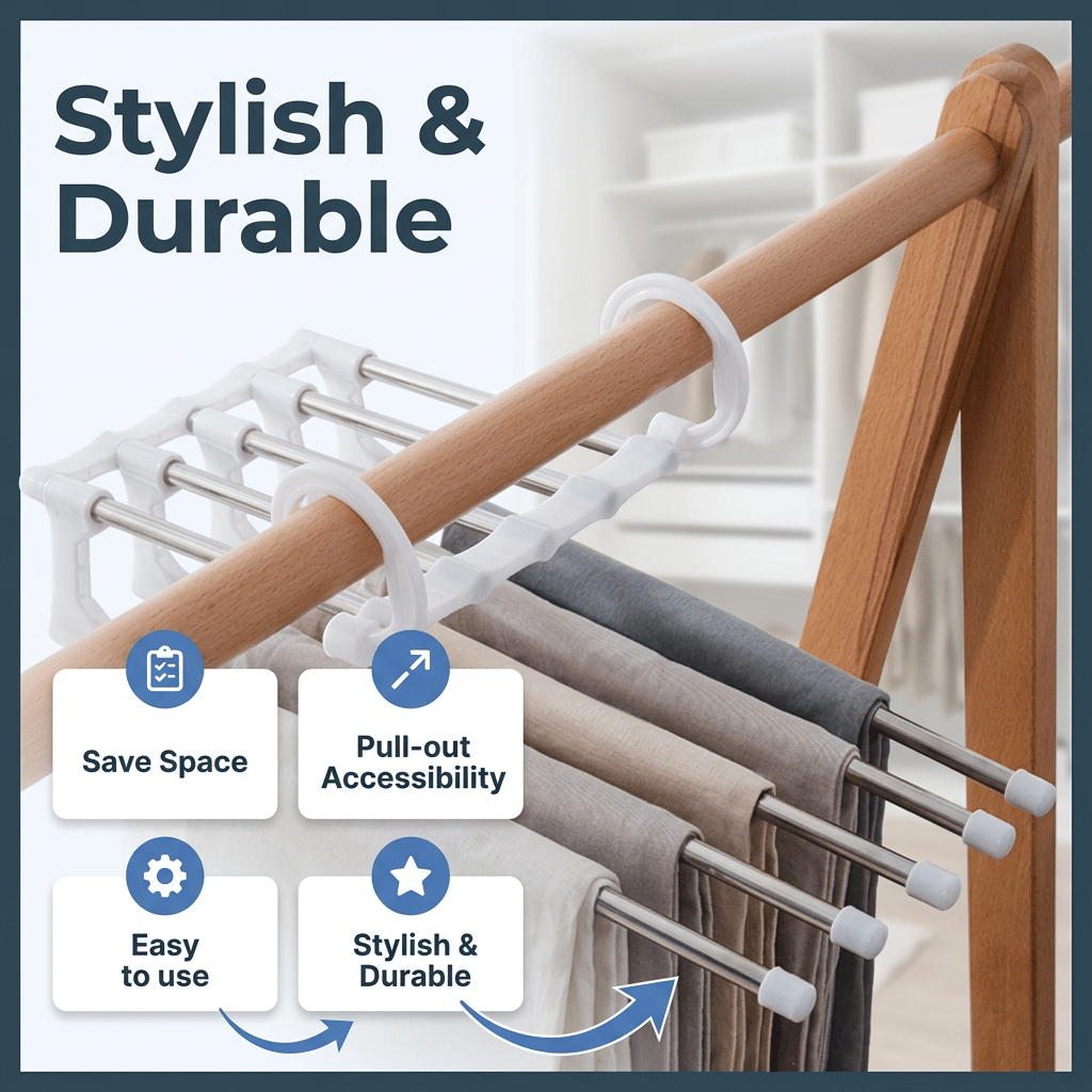 Aarenza SmartCloset™ space-saving 5-tier pants organizer with multiple compartments for neatly storing pants and clothing.