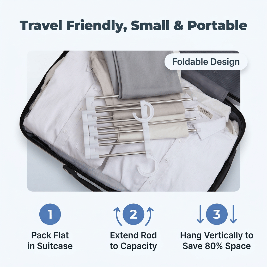 Arenzza SmartCloset™ space-saving 5-tier pants organizer with multiple compartments for neatly storing trousers and clothing.