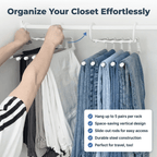 Arenzza SmartCloset™ space-saving 5-tier pants organizer hanging in a closet for efficient clothing storage.