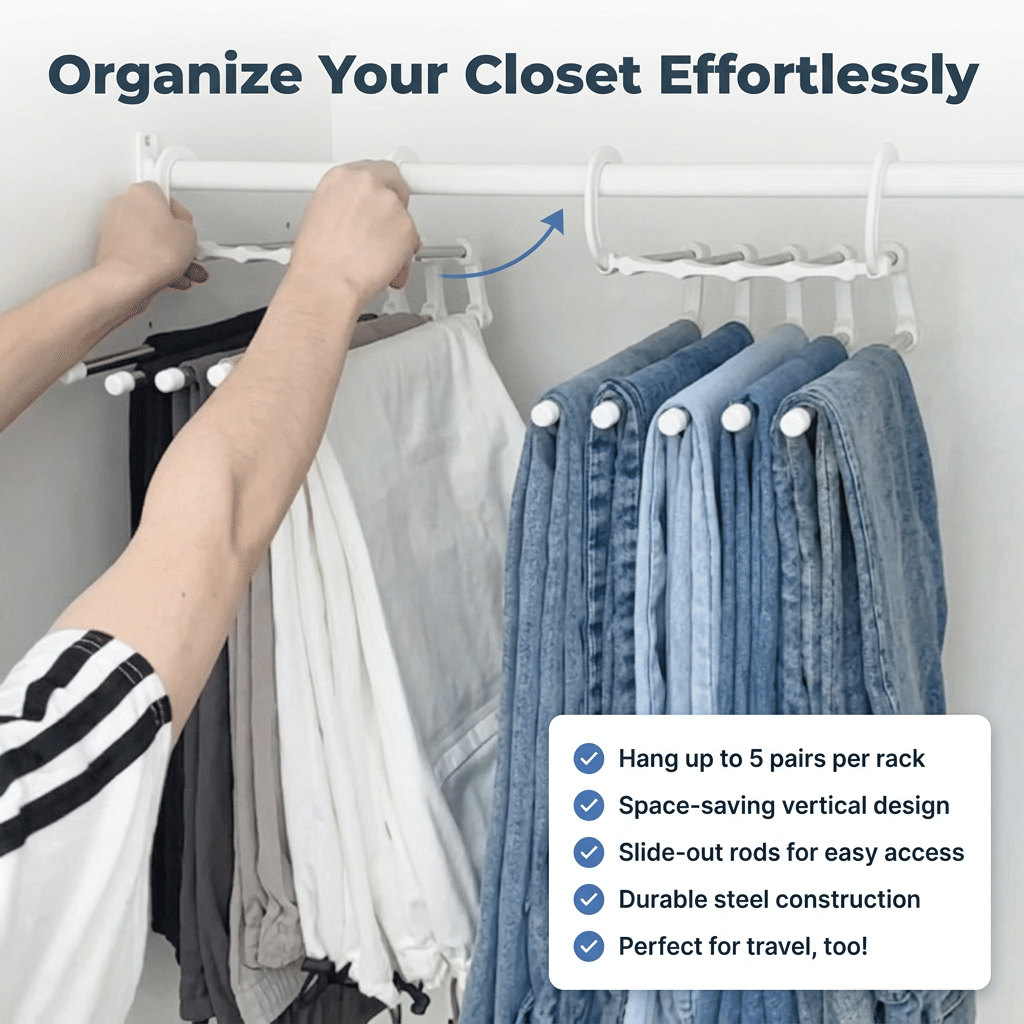 Arenzza SmartCloset™ space-saving 5-tier pants organizer hanging in a closet for efficient clothing storage.