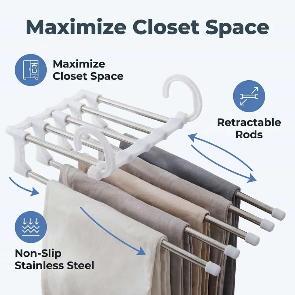 Arenzza SmartCloset™ space-saving 5-tier pants organizer with multiple compartments for neatly storing and organizing pants.