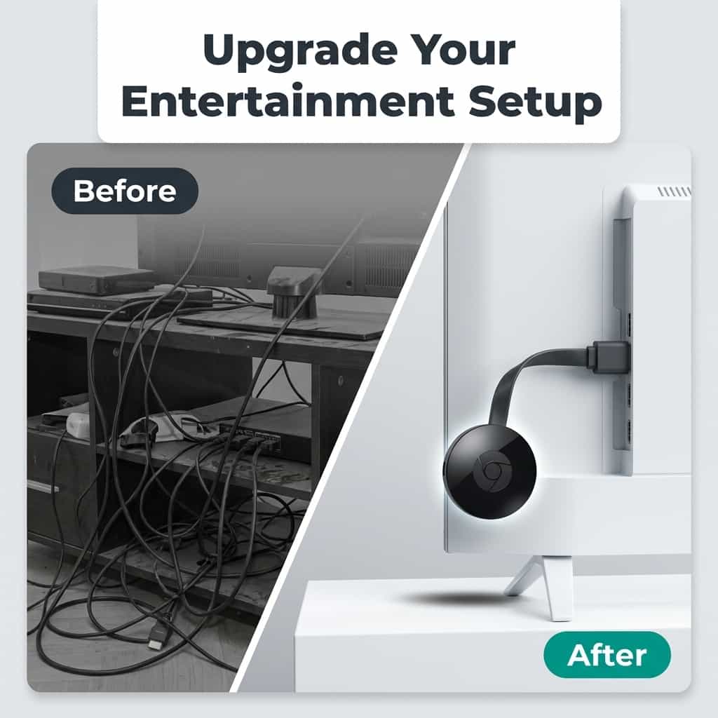 Arenzza SmartConnect™ device allowing smartphone screen to be mirrored on TV, shown in a before-and-after split image.