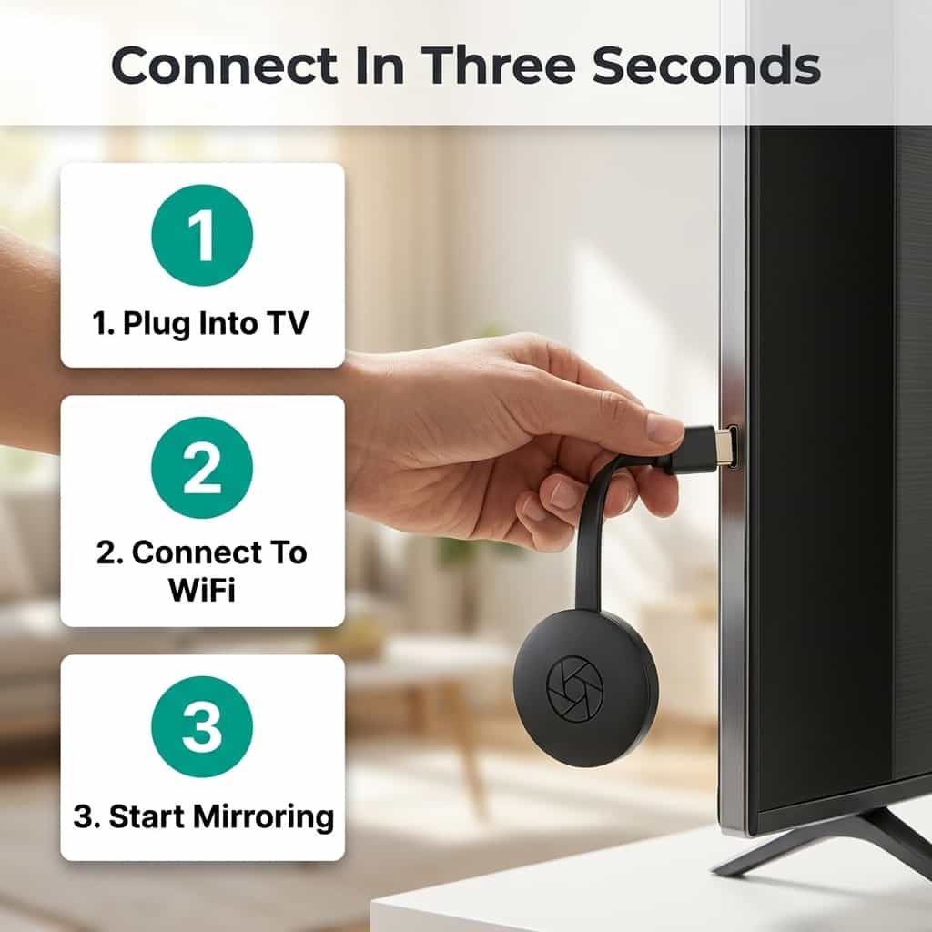 Arenzza SmartConnect™ showing four steps to connect a smartphone to a TV with a modern TV and smartphone in a home setting.