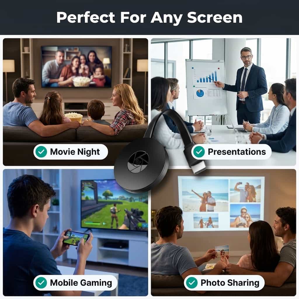 Arenzza SmartConnect™ app interface displaying options to connect a smartphone to a TV on a multi-panel grid screen.