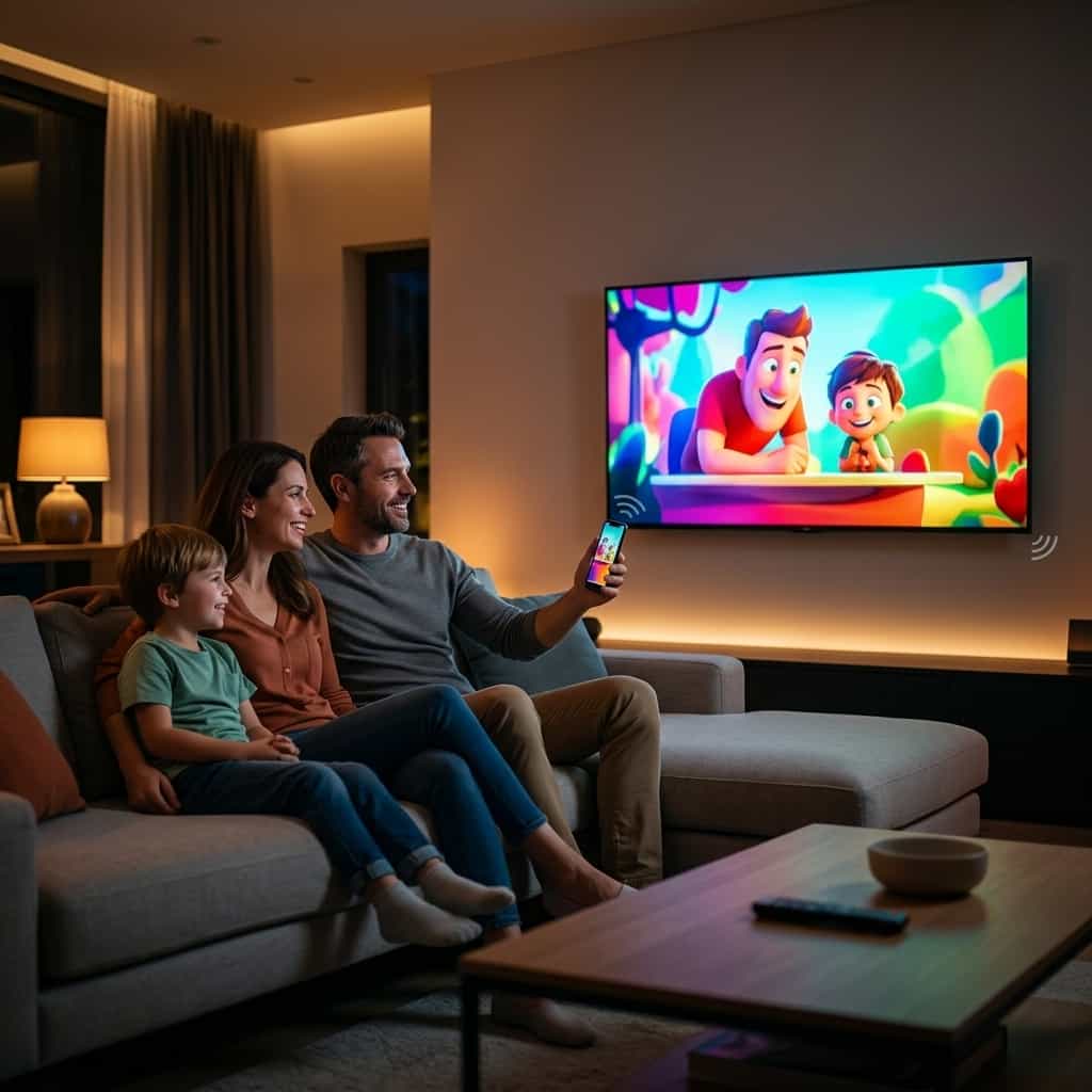 Aarenza SmartConnect™ device connecting a smartphone to a TV in a modern living room scene.