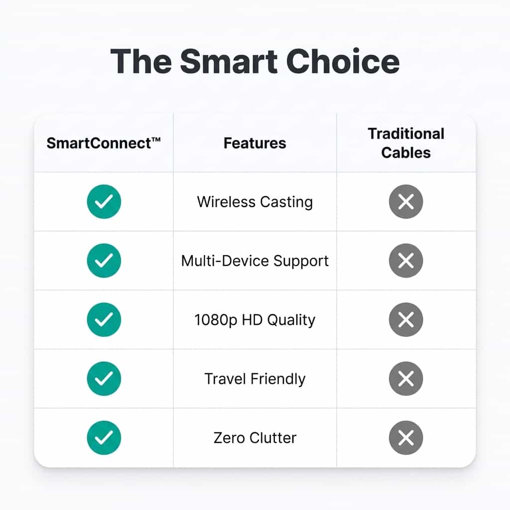 Arenzza SmartConnect™ device for connecting smartphones to TVs, shown with a comparison table and connection setup.