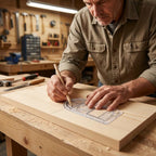 A person using the Arenzza SmartDraw™ professional drafting tool on a workspace with papers and a computer for precise technical drawing.