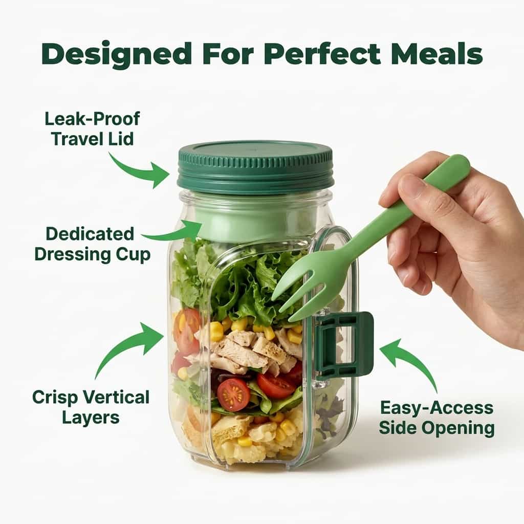 Illustration showing four benefits of SmartMix™ by Arenzza for keeping greens crisp and fresh all day.