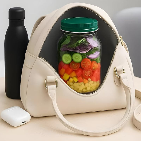 Aarenza SmartMix™ device keeping fresh greens crisp in a bowl, showcasing vibrant leafy vegetables on a kitchen countertop.