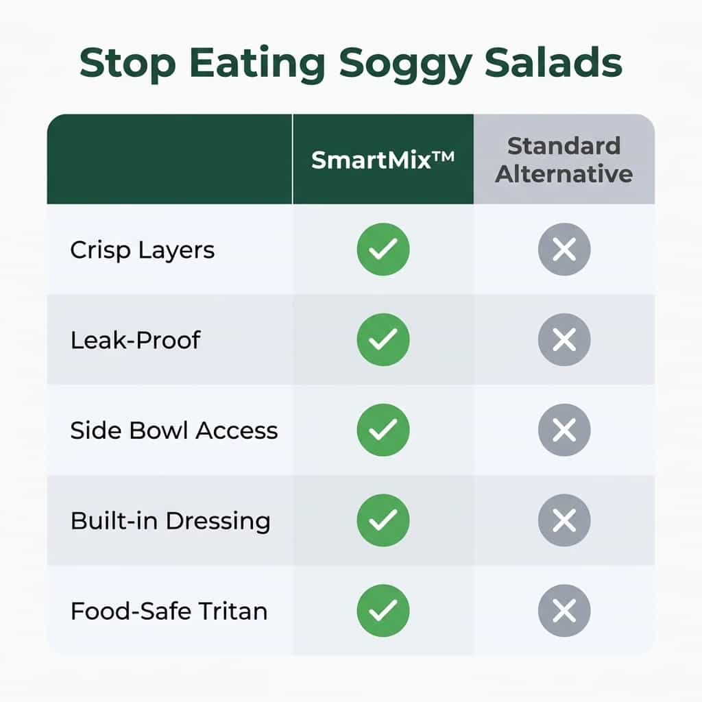 Comparison table showing how Arenzza SmartMix™ keeps greens crisp and fresh all day.