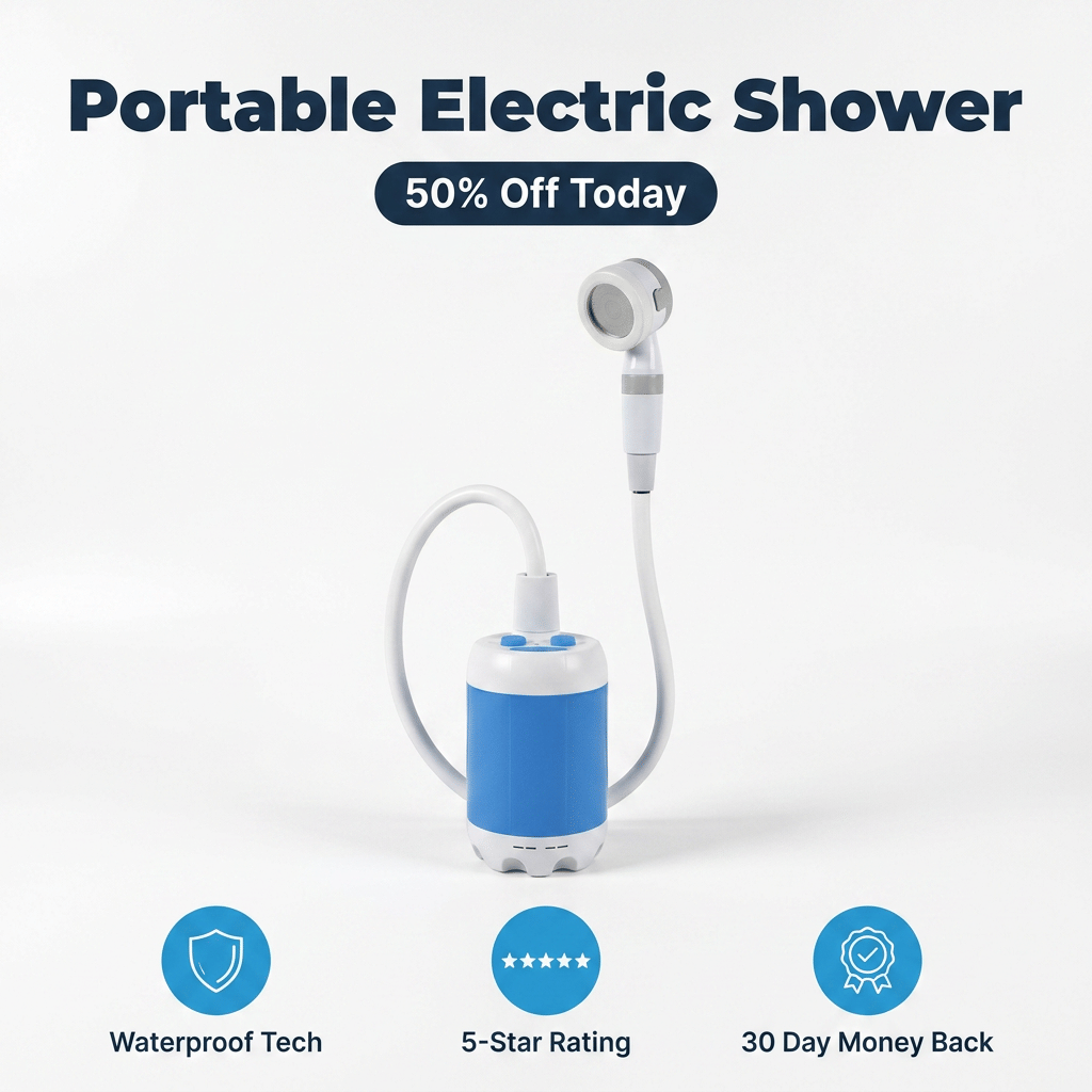 Arenzza SmartShower™ portable outdoor shower with a compact design, featuring a showerhead and control panel for outdoor cleaning.