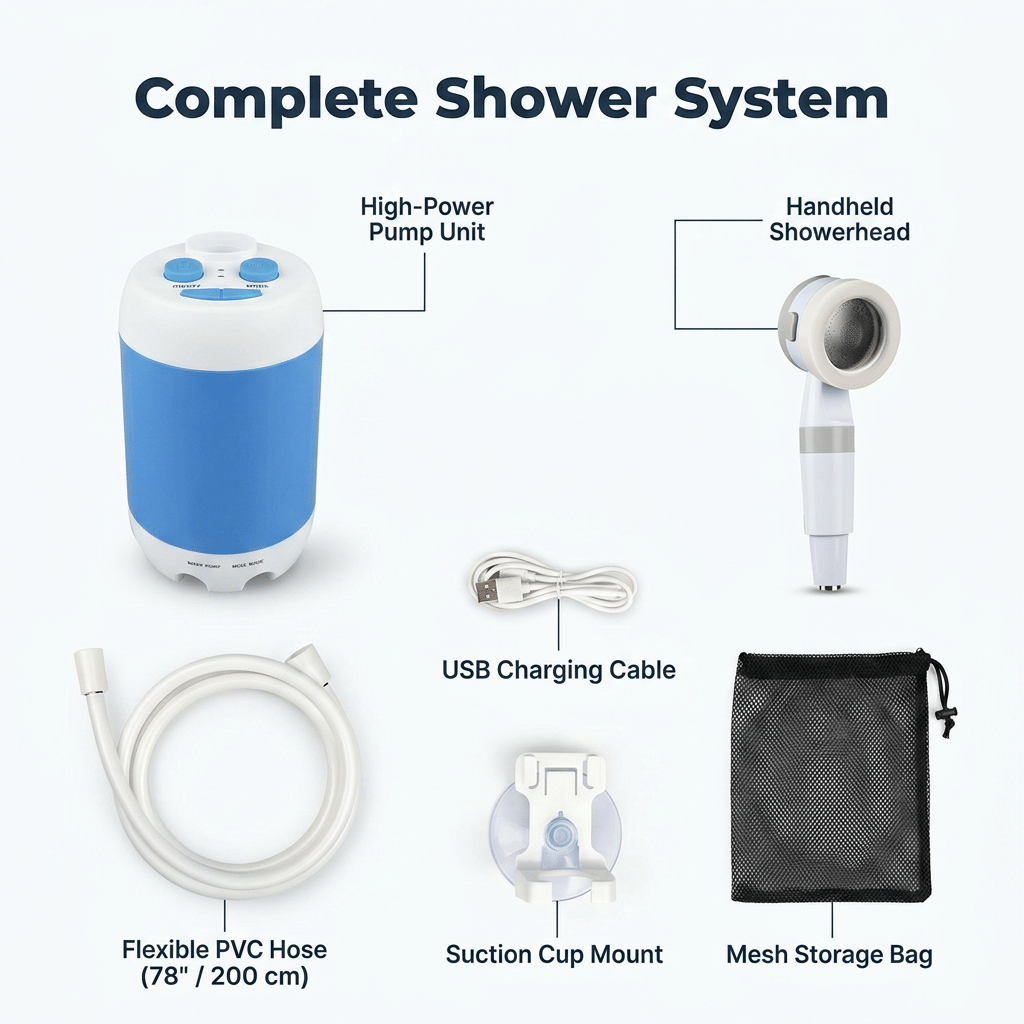 Aarenza SmartShower™ portable outdoor shower bundle with multiple accessories and components for outdoor cleaning and rinsing.