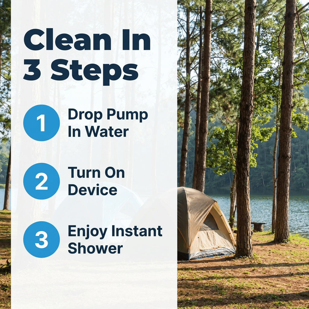 Aarenza SmartShower™ portable outdoor shower with four step components, compact design, and easy setup for outdoor use.
