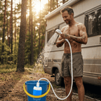 Aarenza SmartShower portable outdoor shower with four people enjoying a shower outdoors in a natural setting.