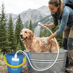 Aarenza SmartShower™ portable outdoor shower with a person using it outdoors, showcasing its compact design and ease of use.