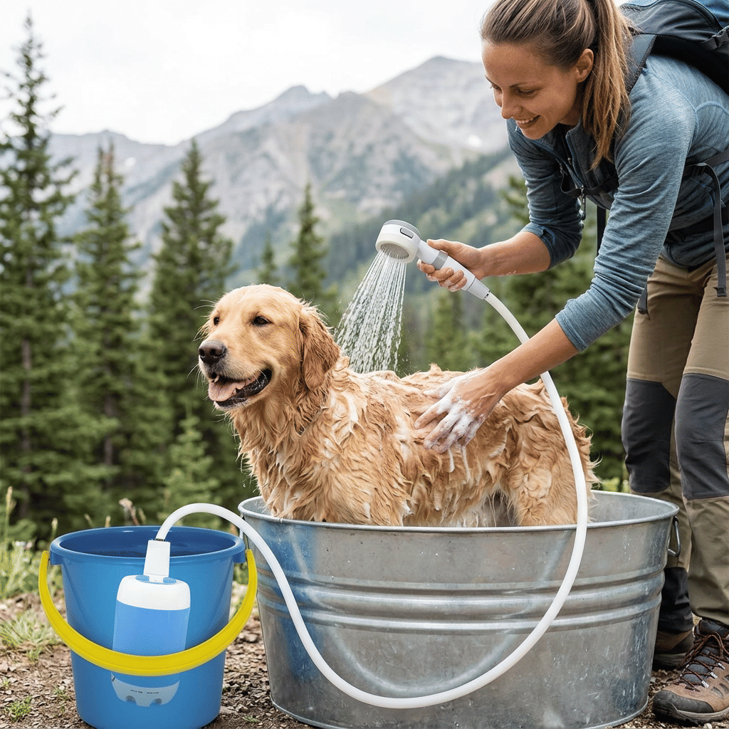 Aarenza SmartShower™ portable outdoor shower with a person using it outdoors, showcasing its compact design and ease of use.