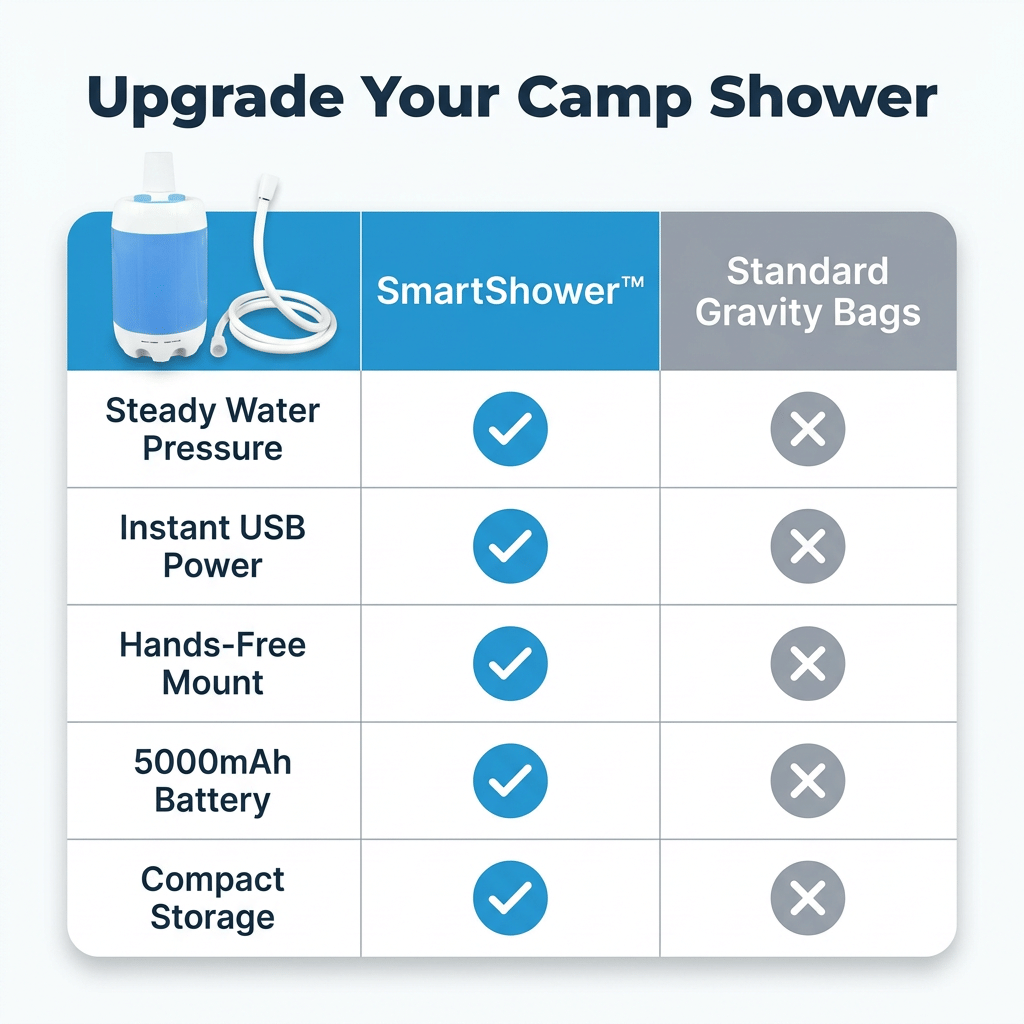 Comparison table of SmartShower™ portable outdoor shower features from Arenzza, showing different models and specifications.