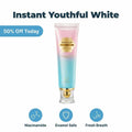 SmileBright™ Arenzza instant teeth whitening and enamel care product in a sleek white tube with a blue cap.