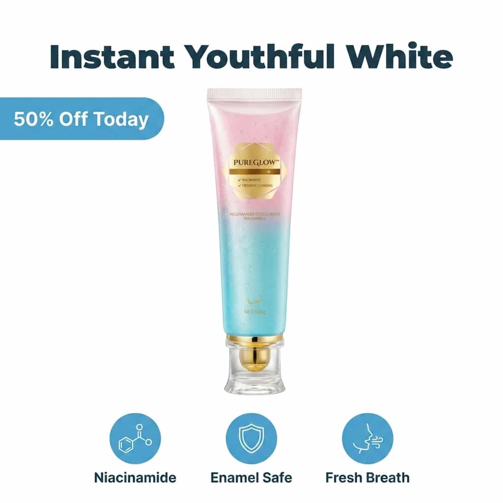 SmileBright™ Arenzza instant teeth whitening and enamel care product in a sleek white tube with a blue cap.