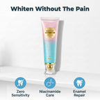A close-up of SmileBright™ Arenzza teeth whitening and enamel care kit with LED light, showing the product components and bright smile.