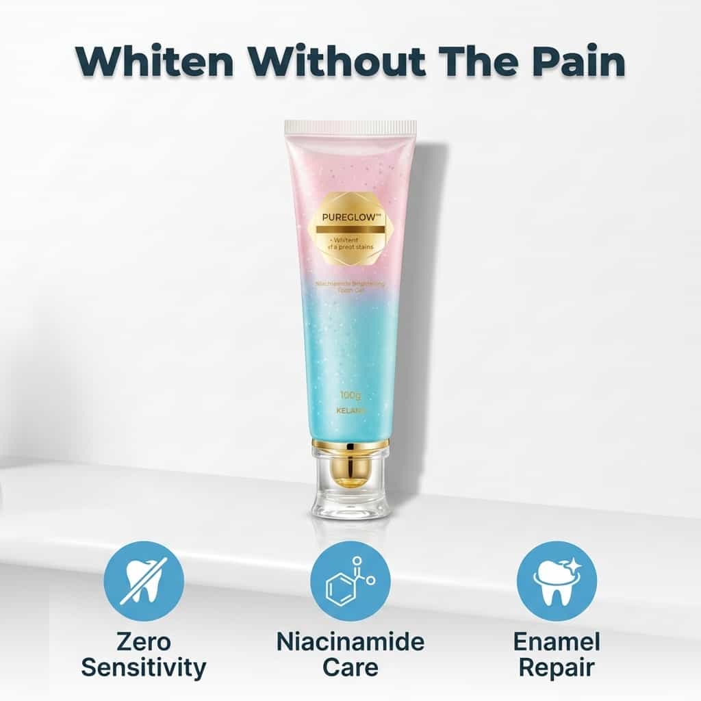 A close-up of SmileBright™ Arenzza teeth whitening and enamel care kit with LED light, showing the product components and bright smile.