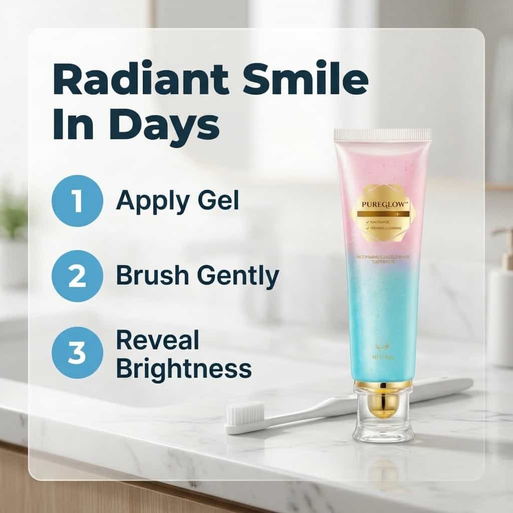 A close-up of SmileBright™ Arenzza teeth whitening kit with eight numbered steps for enamel care and instant brightening.