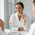 A person smiling confidently with bright teeth, showcasing SmileBright™ Instant Whitening and Enamel Care by Arenzza in a lifestyle scene.