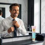 A person smiling confidently, showcasing bright teeth, representing SmileBright™ instant whitening and enamel care by Arenzza.