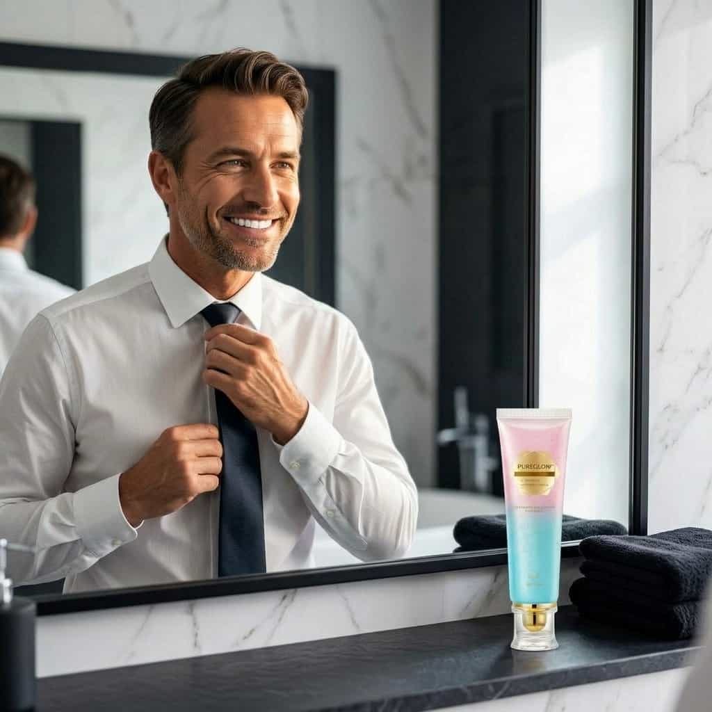 A person smiling confidently, showcasing bright teeth, representing SmileBright™ instant whitening and enamel care by Arenzza.